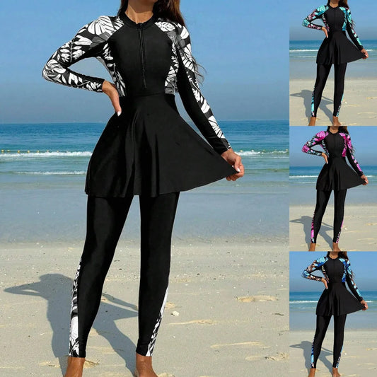 Burkini Femmes Swimwear Long Sleeve Black Tunic Swimsuit Full Leggings Front Zipper Swimming Suit Sun Protection Two Piece