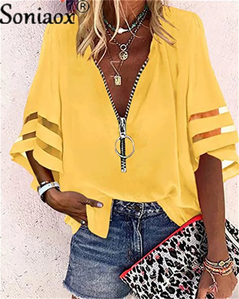 Sexy Lace Patchwork Flared Sleeve Mesh Solid Shirt Blouse 2022 Summer Women Zipper V-Neck Loose Casual Tops T-Shirt Streetwear