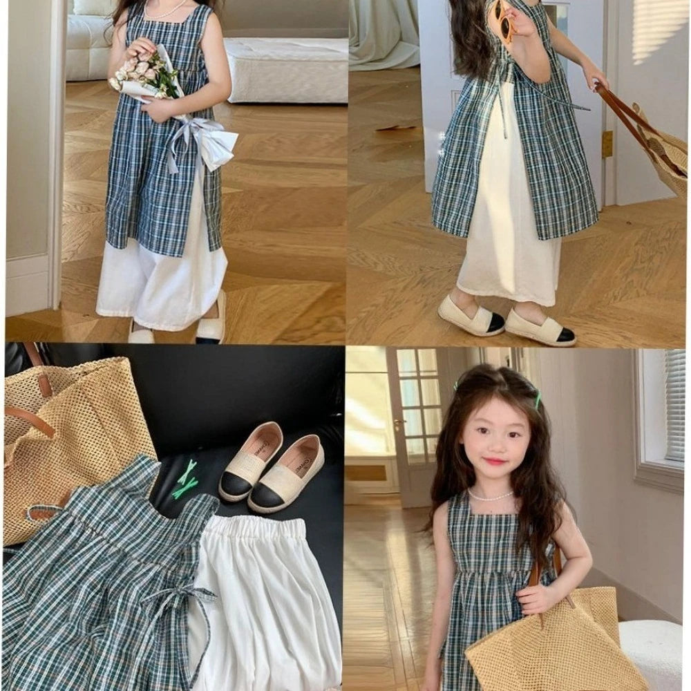 Kids Summer Fashion Sleeveless Square Neck Plaid Smock + Loose Pant 2 Pcs Set 3-7 Years Girls Daily Casual Clothes