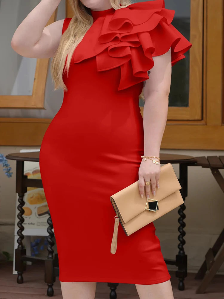 Summer Fashion Bodycon One Shoulder Dress With Flower Ruffle Elegant Evening