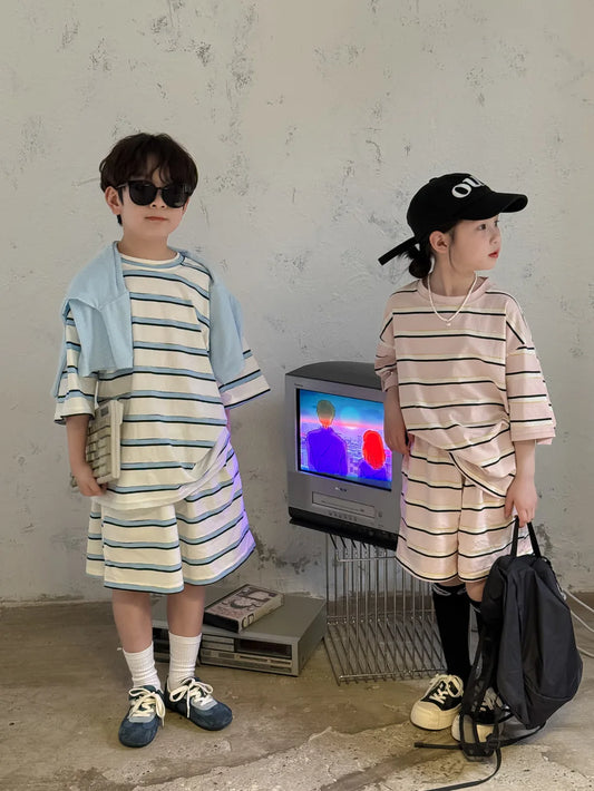 Children Short Sleeve Striped Clothes Set 2-10 Years Summer Boys Girls O-neck Casual T Shirts + Shorts 2pcs Suit Kids Loose Set