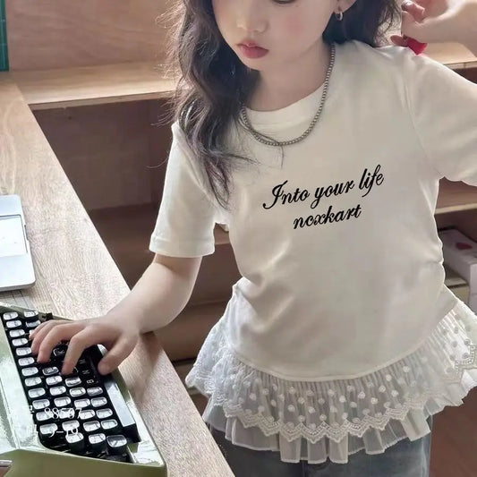 Childrens clothing baby girls summer casual lace t-shirt 2025 short sleeved Lace splicing new white tops 3-12 kids clothes