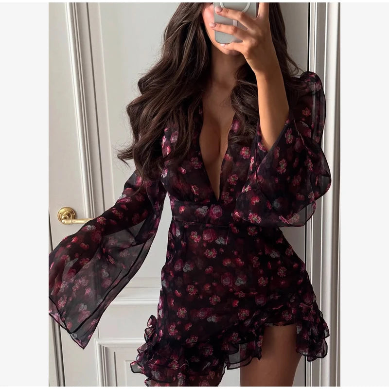 Chic Ruffle Print Slim Fit Dress Women Chic Flared sleeves V-neck Pleated Short Dresses 2026 Lady Summer Casual Daily Vestidos BAZAARHUBO