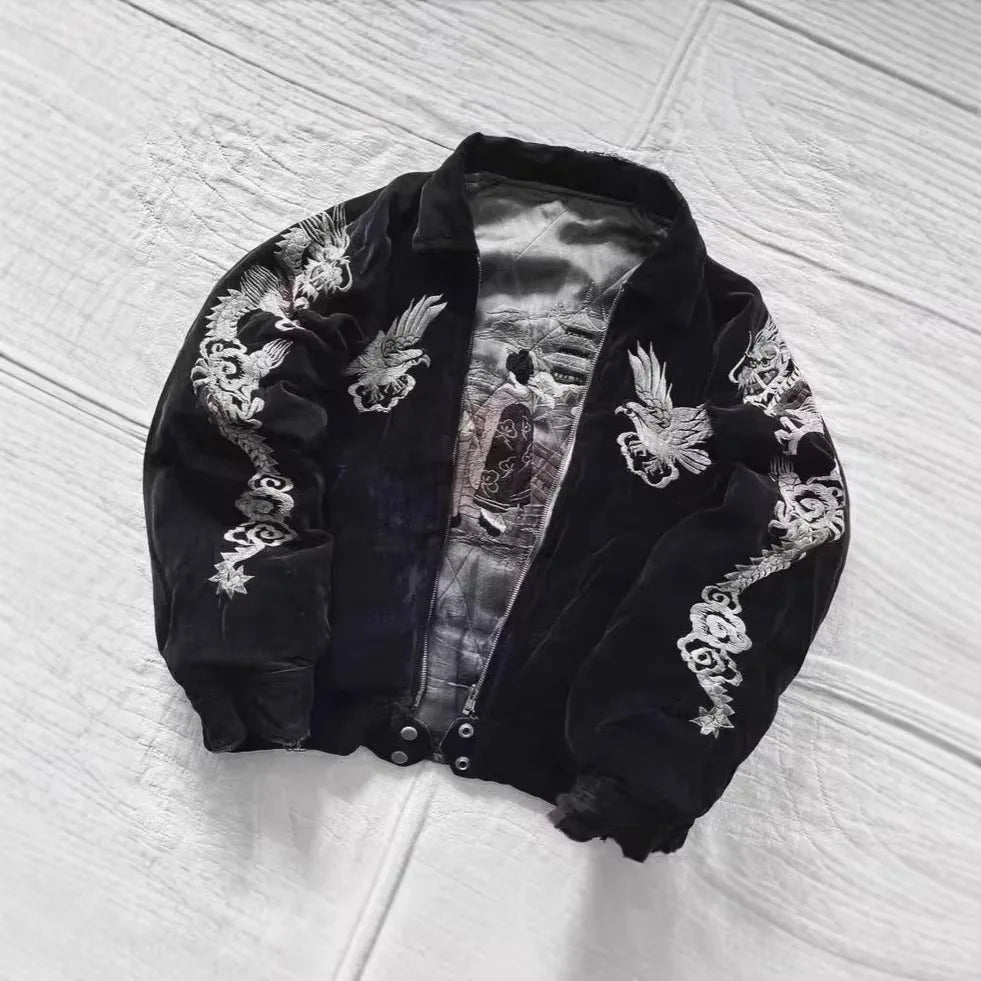 Hip Hop Japan Harajuku Style Jacket Gothic Dragon Pattern Bomber Jackets High Quality Embroidered Y2k Zipper Fleece Lined Coat