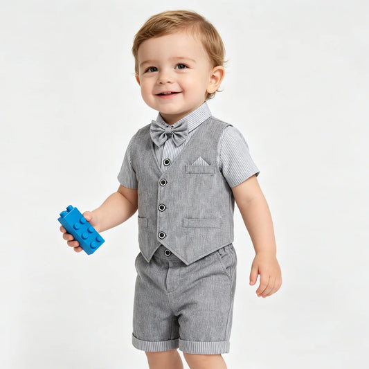 Toddler Boys 4 Pieces set Formal Suit Striped Short Sleeve Shirt Waistcoat Shorts Bow Tie Kids Wedding  Baptism Gentleman Outfit