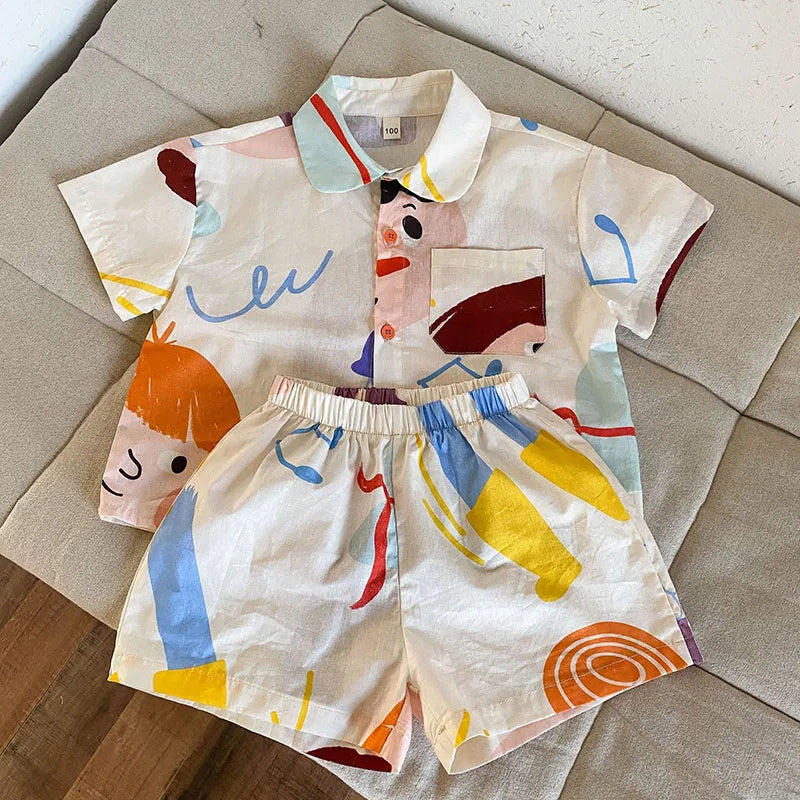 Loose Fit Summer Kids Clothes Set Girls Cute Graffiti Dress Boys Short Sleeved Shirt Children Thin Brother Sisters Outwear Suit