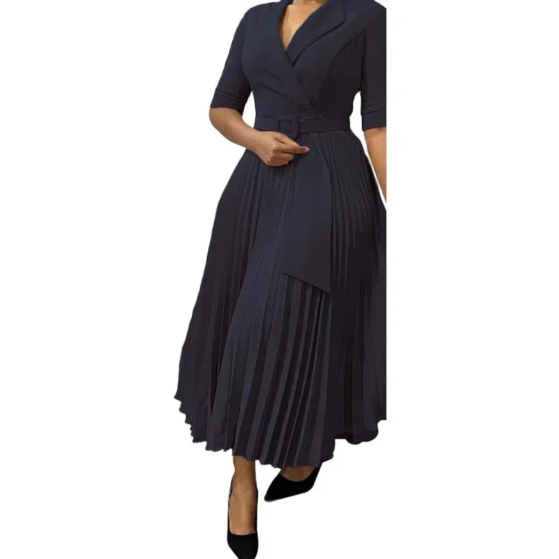 New Dashiki African Dresses for Women Spring Autumn Elegant Half Sleeve V-neck Pleated OL Style Midi Dress African Clothes Femme