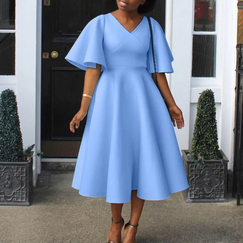 African Elegant A-line Midi Dress For Women Summer Fashion Casual Robe Femmes New Flare Sleeve Club Party Sexy Dresses Vestidos