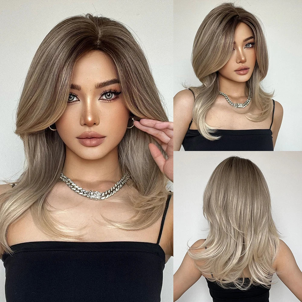 ELEMENT Synthetic Wig Medium Wavy Hair Ombre Brown Blonde Wigs for Women Daily Party Cool Heat Resistant Breathable Headband