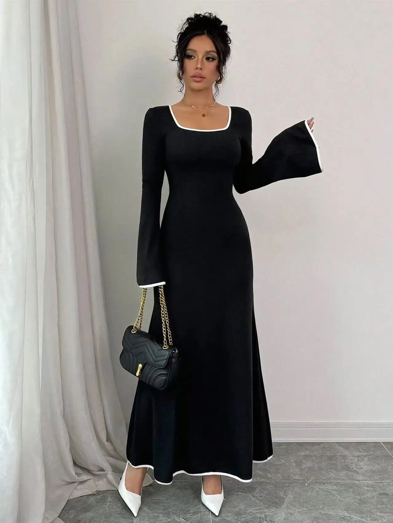 Women's Square Neck Contrast Color Long Sleeve Dress