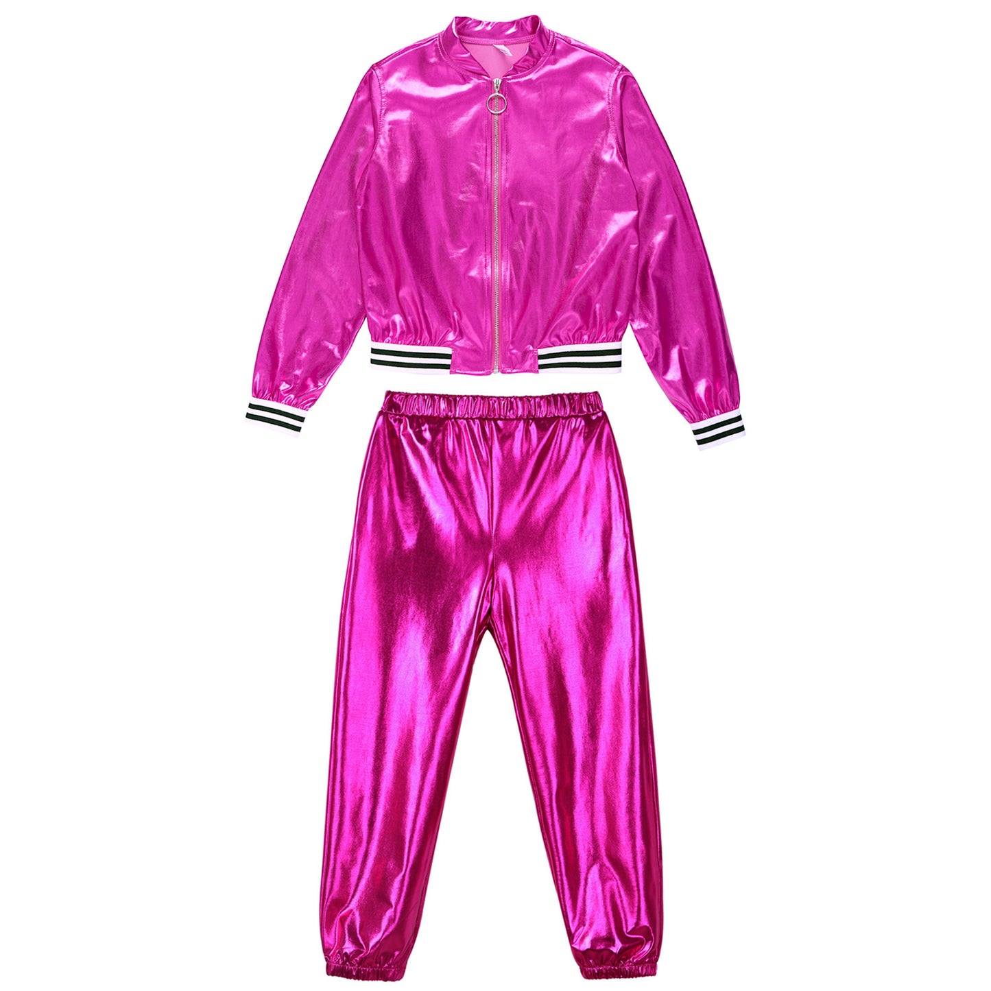 Kids Girls Sports Outfits Jazz Hip Hop Street Dance Costume Shiny Metallic Long Sleeves Bomber Jacket Coat with Pants Streetwear