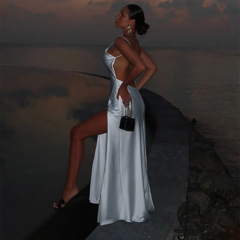Sexy Backless Satin Women's Summer Dress V-neck Sleeveless Backless Slit Beach Sling Sundress 2026 Lady Chic Evening Party Robes