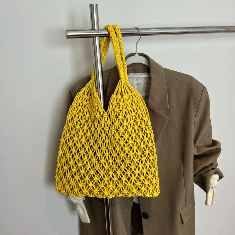 Hand-Woven Bag Women Handmade Hollow Handbag Female Shoulder Bag Big Capacity Summer Casual Travel Beach Tote Purse