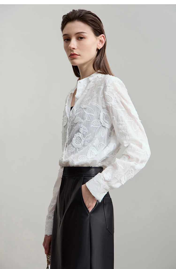 AMII 2025 Autumn New Elegant Embroidery Women's Shirt Stand Collar Wide Shoulder Office Lady Loose Blouses Women Tops 12543066