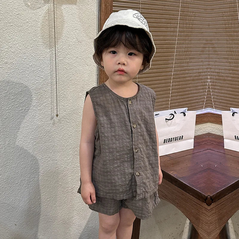 2026 Summer Kids Clothing Set Boys Vest and Shorts 2 Pcs Suit Korean Style Casual Girls Clothes Set Unsex Children Outfit
