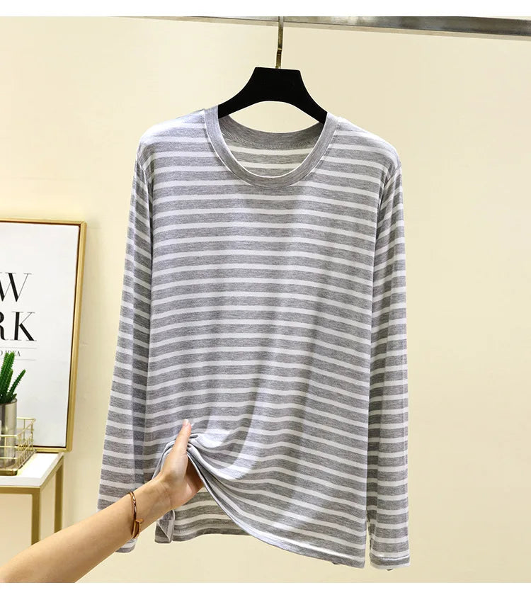 Spring Men Striped T-Shirt Loose and Versatile Sleepwear Round Neck Long Sleeved Top Casual Plus Size Simple Pajamas Homewear