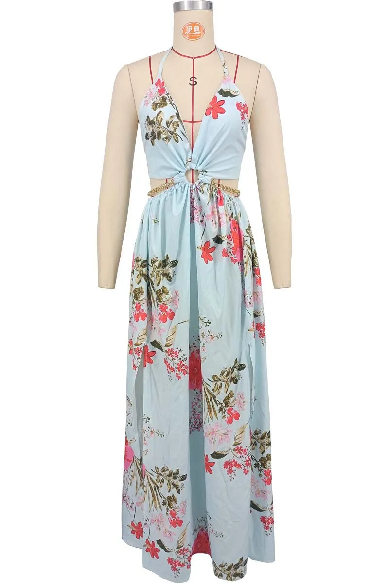 CM.YAYA Elegant Women Floral Halter V-neck Backless Cut Out Waist Chain Sleeveless High Side Split Fit Flare Maxi Long Dresses