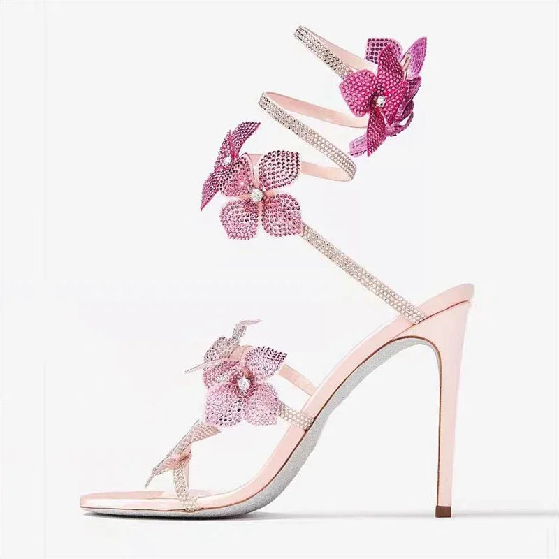 Aneikeh Sexy CRYSTAL Flower Narrow Band Ankle Strap Sandals Woman Thin High Heels Street Style  Pole Dancing Ladies Shoes