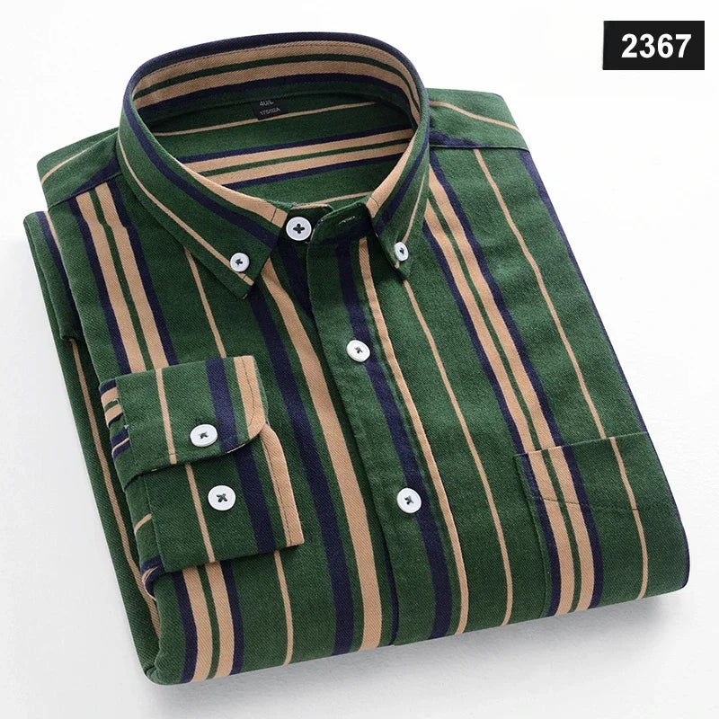 Fashion korean trends casual long-sleeve shirts for men slim fit plain shirt 100%cotton plaid striped tops soft designer clothes