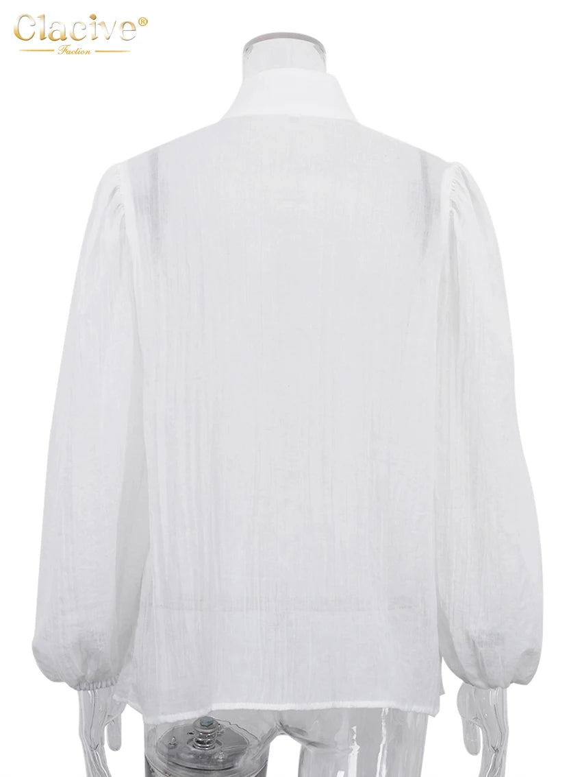 Clacive Fashion White Cotton Woman Blouse 2024 Elegant Stand Collar Puff Sleeve Shirts Casaul Classic Blusa Tops Female Clothing