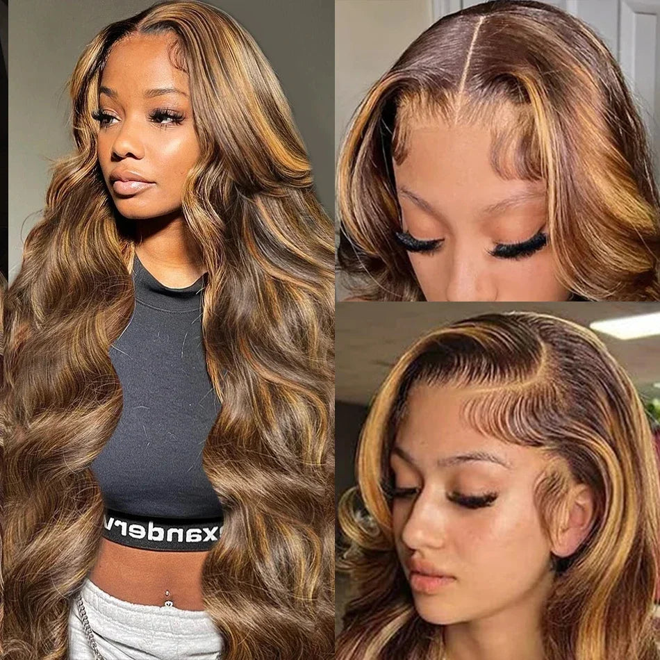 30 40 Inch 4/27 Highlight Body Wave 13x6 Lace Front Wig Brown Color 13x4 HD Lace Frontal Wig Ombre Blonde Human Hair Wig