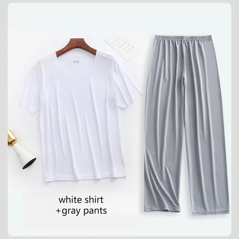 2Pcs/set Mens Ice Silk Short Sleeves T-Shirt & Long Pants Cool Thin Sleepwear Male Summer Pyjamas Home Clothing Nightwear Suit