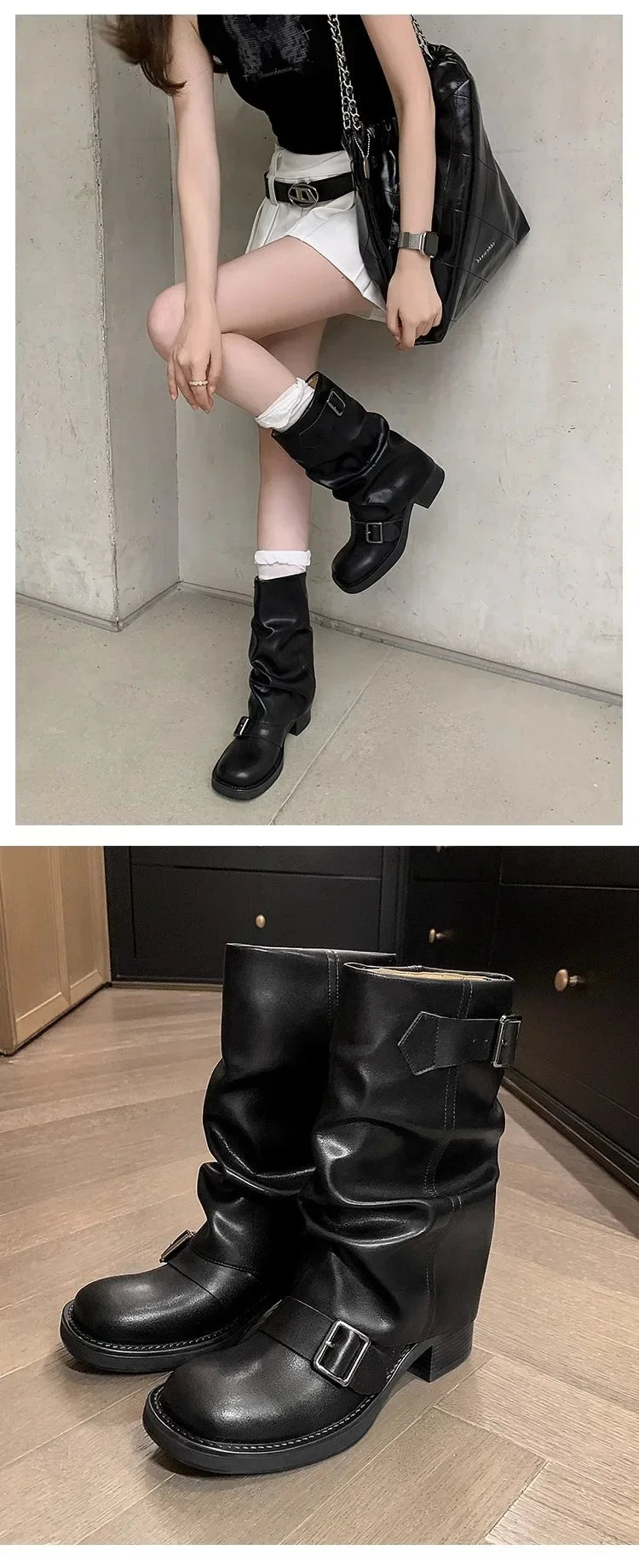 Pleated Buckle Knight Boots for Women Autumn Brown PU Leather Mid Calf Boots Woman Slip-On Thick Heel Riding 2024