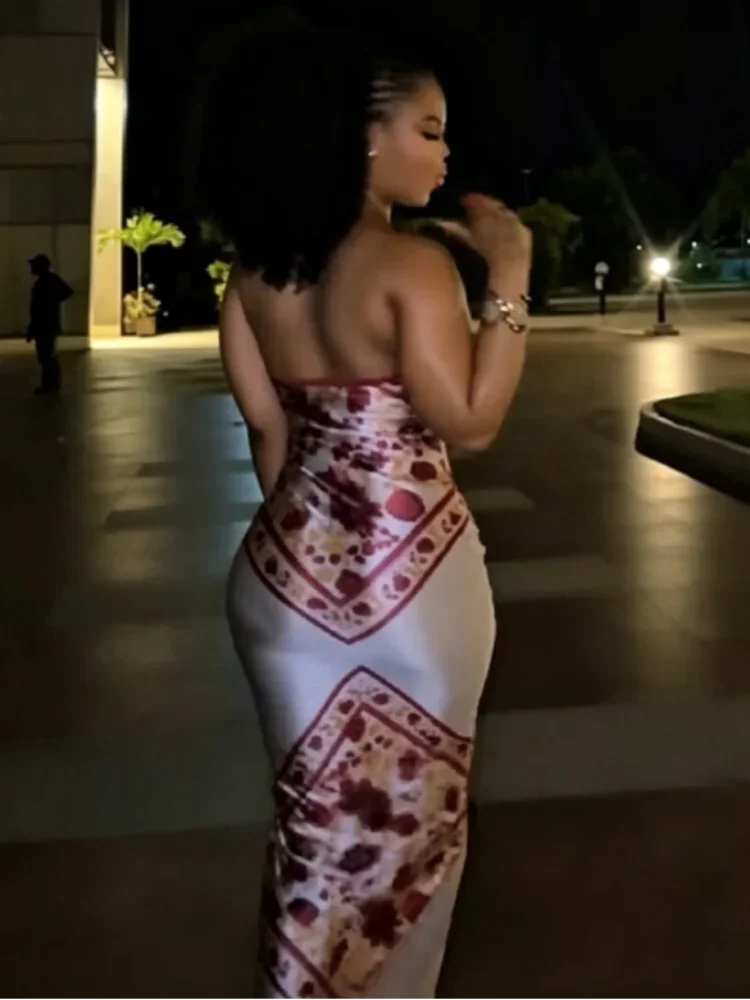 Chic Elegant Satin Dress Floral Print Slim Bodycon Women Dresses Evening Party Wedding Guest Summer Streetwear