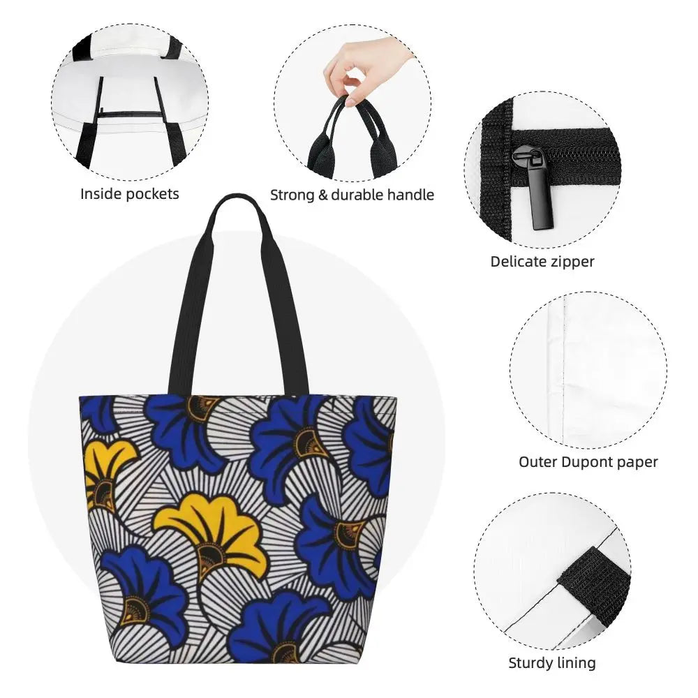 African Ankara Prints Grocery Shopping Tote Bags Women Geometric Ethnic Art Canvas Shoulder Shopper Bags Big Capacity Handbag