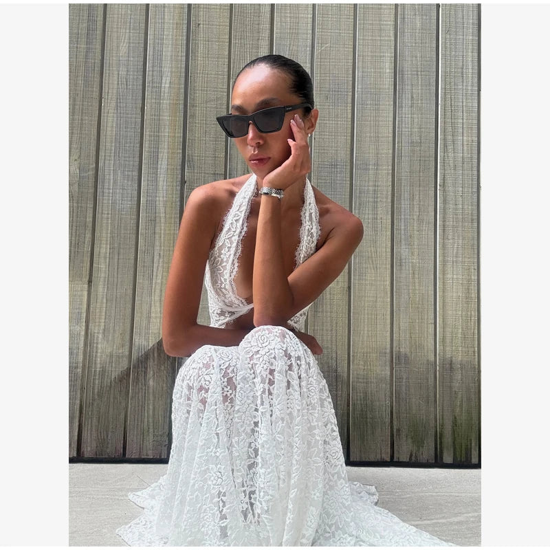 Solid Lace Halter Maxi Dress Sexy Cutout Waist Sheer Slim Fit Fishtail Long Gowns Women's Summer Evening Party Robes 2026 New