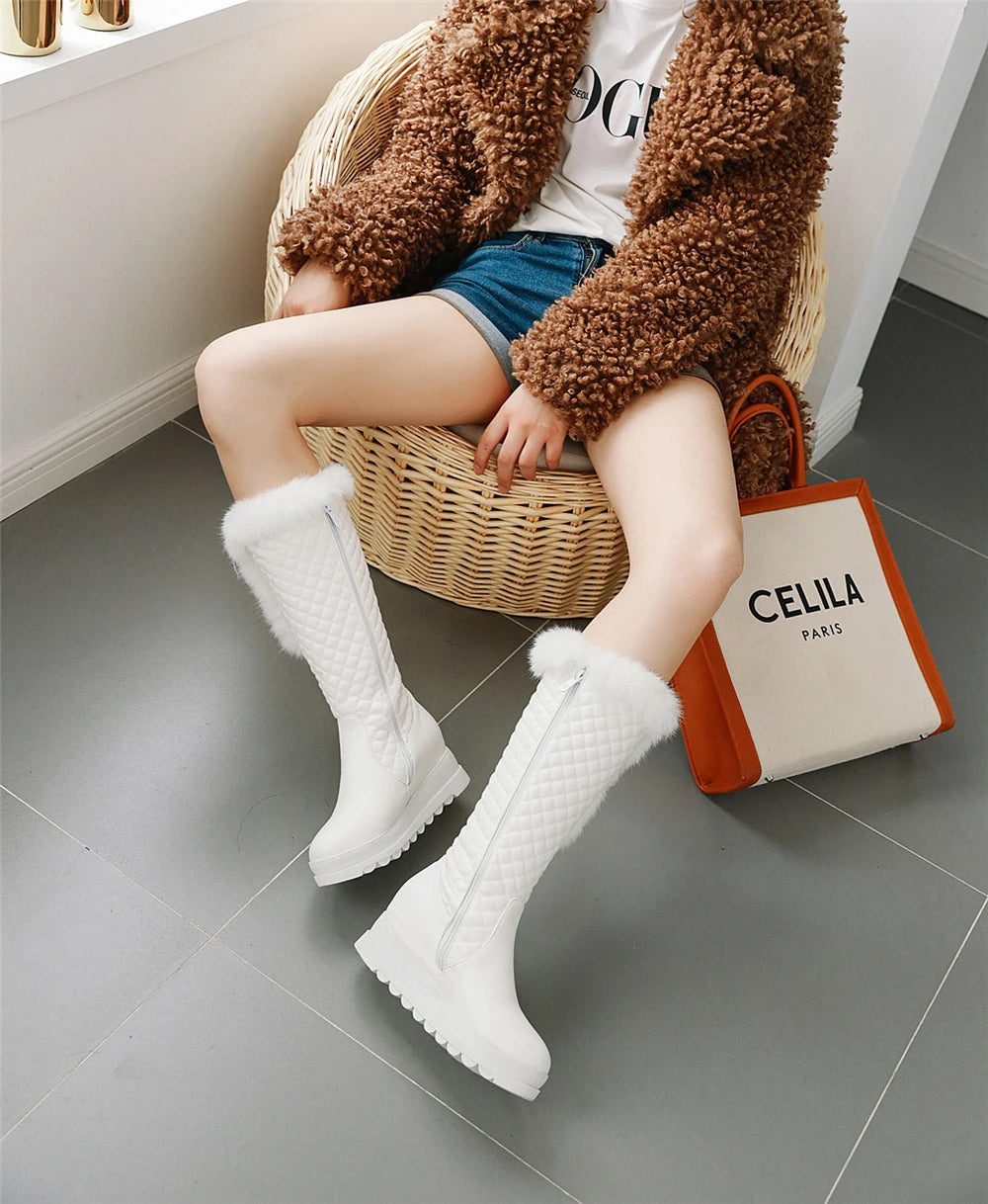 Winter Warm Fur Knee High Boots Womens Platform Snow Boots High Heels Female Padded Shoes  High Boots  Free Ship Big Size 41