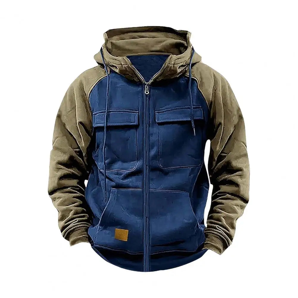 2024 Retro Cargo Hoodies Men's Half Zipper Solid Warm Fleece Sweatshirts Multi Pockets Male Hooded Jackets Thick Outdoor Hooded