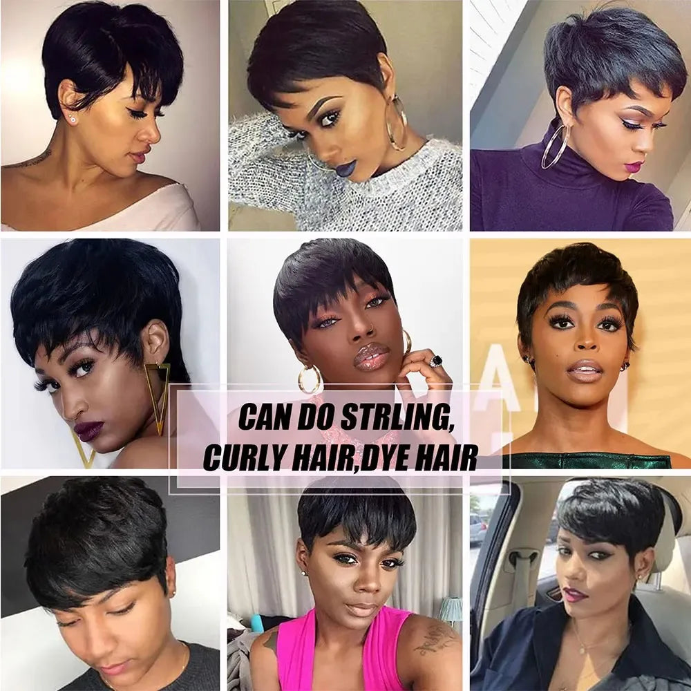 Pixie Cut Wig Human Hair Short Pixie Cut Wigs with Bangs for Black Women Straight Full Machine Made Natural Color