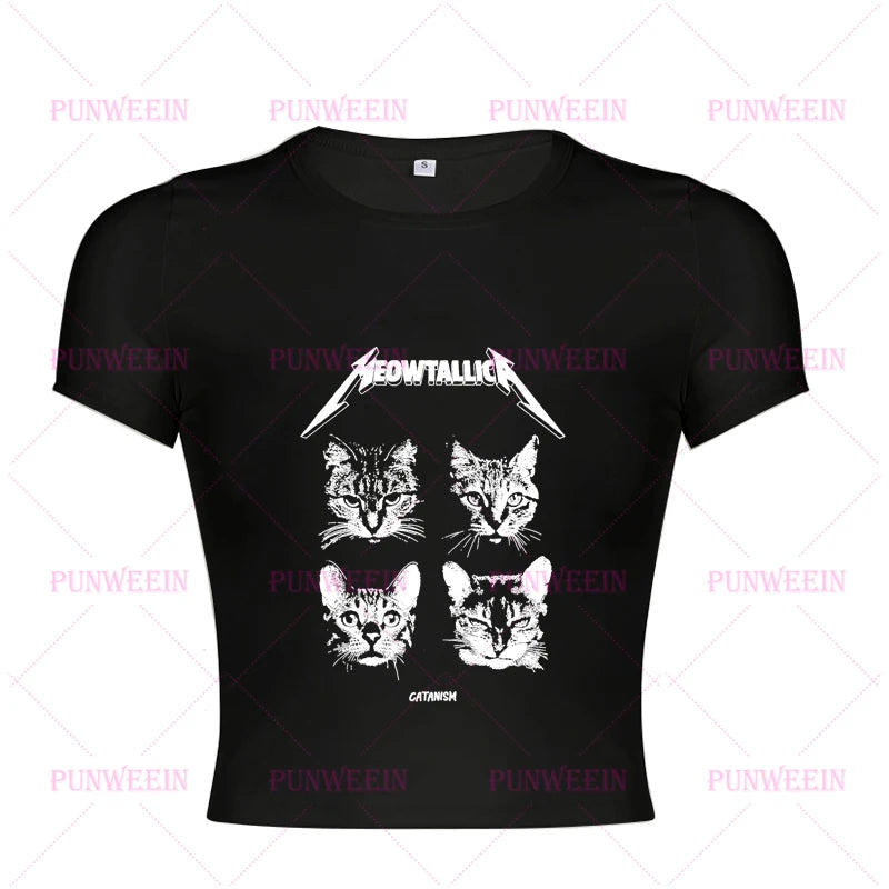 Punk Subculture cat Graphic print vibe Women Slim crop top Gothic band Vintage Baby Tees Sexy vest 90s Y2k vibe Style Streetwear