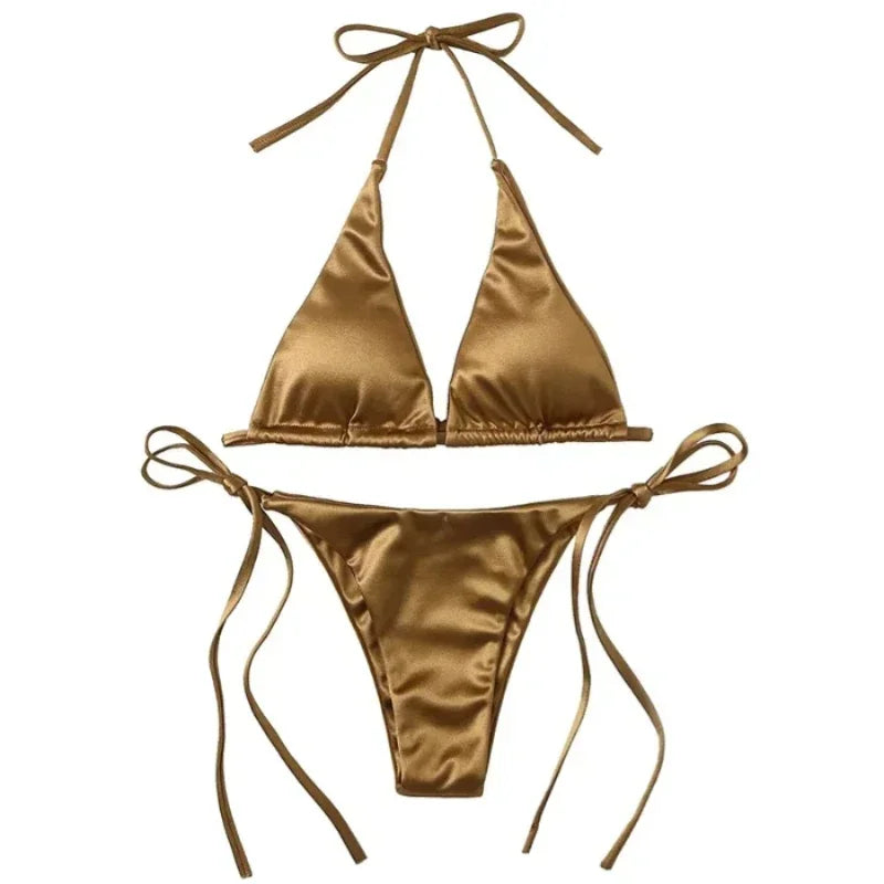 Sexy Halter Satin Brazilian Bikini Women Swimwear Female Swimsuit Two-pieces Bikini Set Bather Bathing Suit Swim Women Swimsuit
