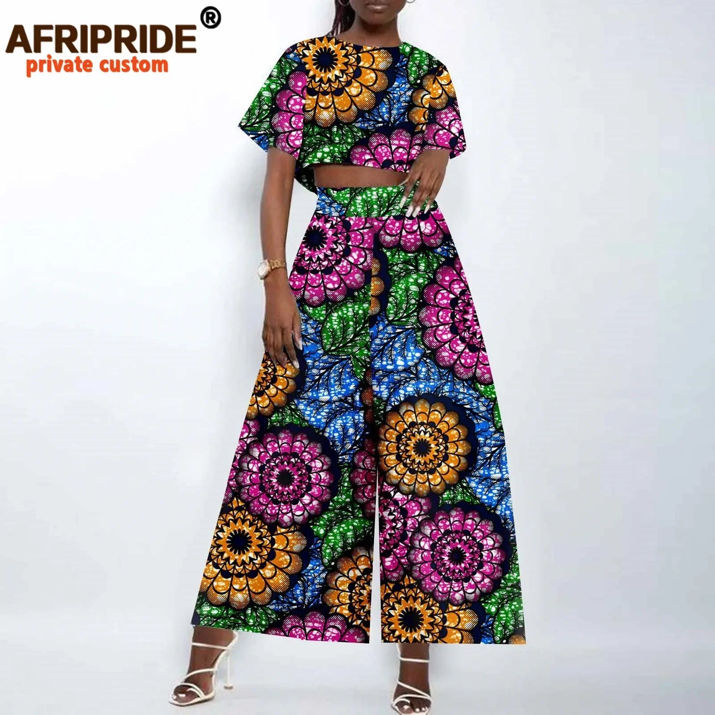 African Clothes for Women Crop Top and Wide-leg Pants 2 Piece Set Print Outfits Vintage Elegant Fashion Ankara Attire A2326002