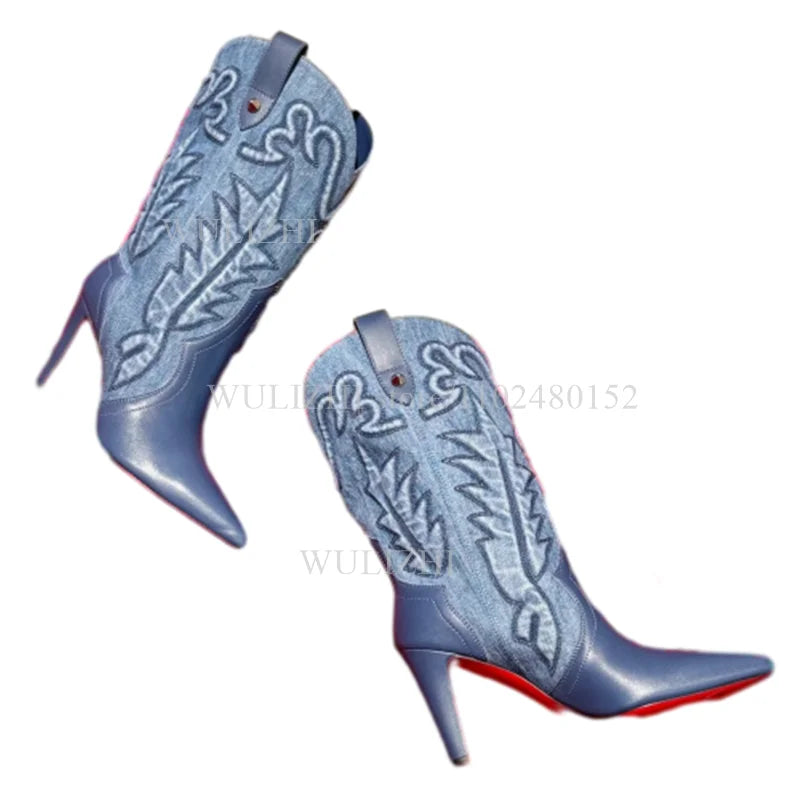 Denim Blue Totem Calf Boots Women Pointed Stilettos Red Heels Winter Zipper Casual Weave Office Lady Luxury Design Graffiti Shoe