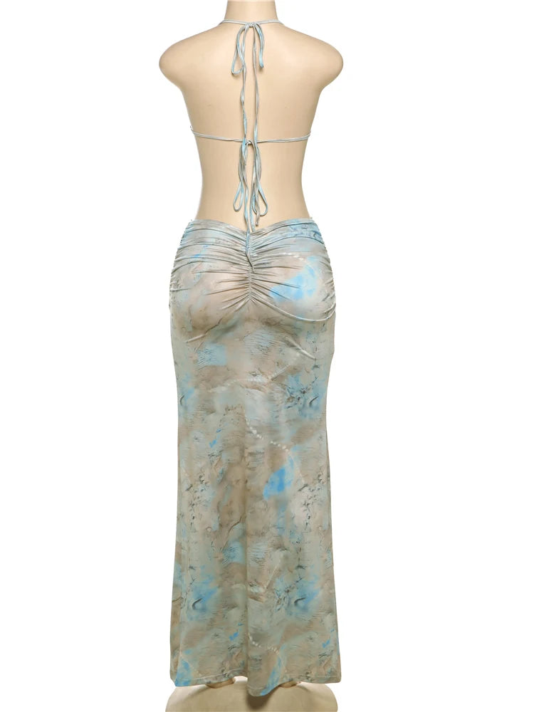 kliou Pearl Splice Stunning Dresses Women Sexy Tie Dye Tassel Bandage Hollow Shirring Maxi Bodycon Lady Vacation Party Vestidos