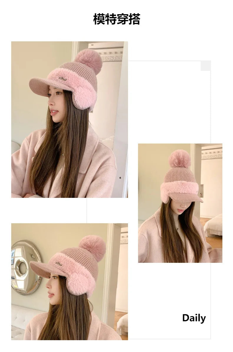 Winter Caps Patchwork Mink Fur Ear Protection Plush Hat Fashionable Solid Color Simple Wool Ball Knitted Hat For Women Cap BAZAARHUBO