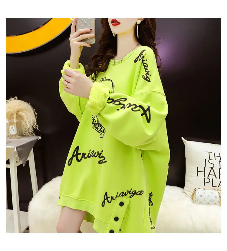 Spring Autumn Y2K Harajuku Printed Sweatshirts Women Round Neck Long Sleeve Mid-length Pullovers Korean Button Asymmetrical Tops