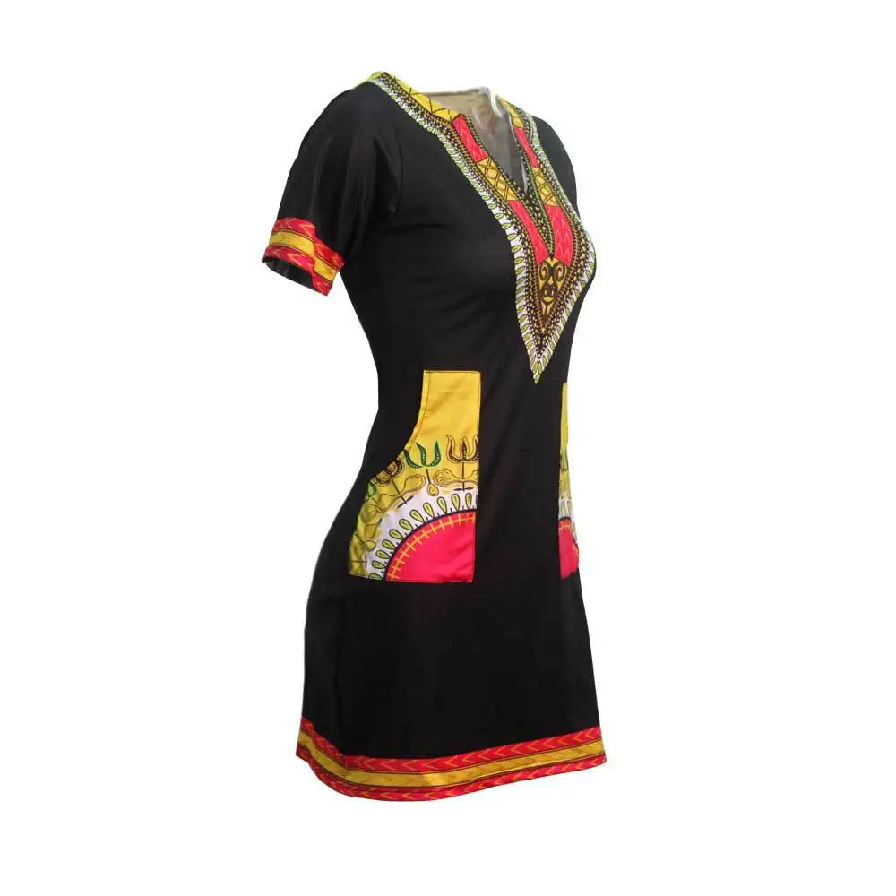 African Dresses for Women Summer 2022 Fashion Style African Women Short Sleeve V-neck Polyester Knee-length Dress
