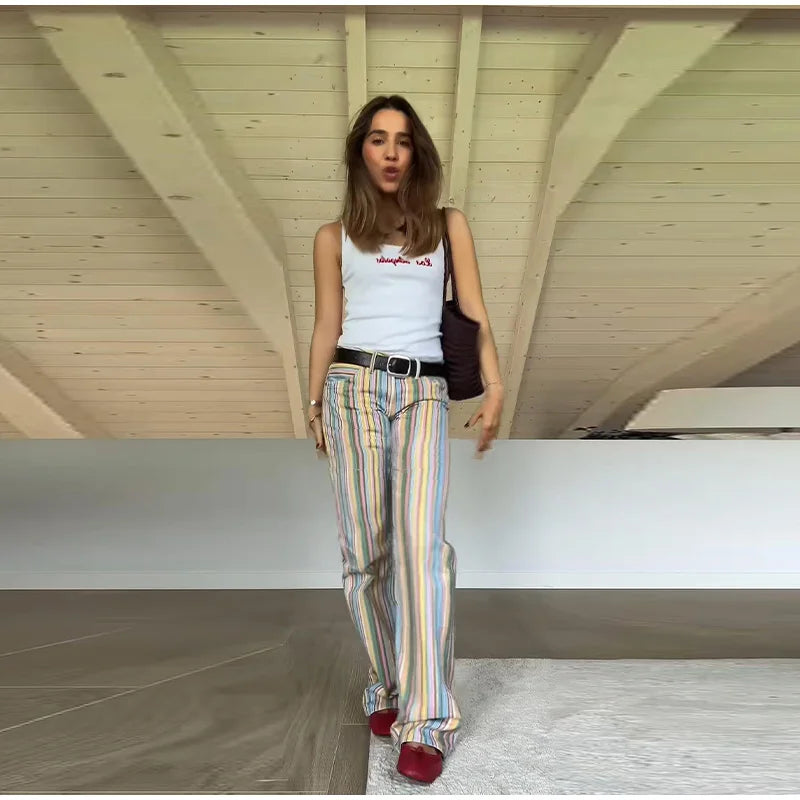 Street Striped Jeans Women's High-Waist Pockets Wide-Leg Trouser 2026 Spring Summer Retro Multicolor Vertical Stripe Denim Pant