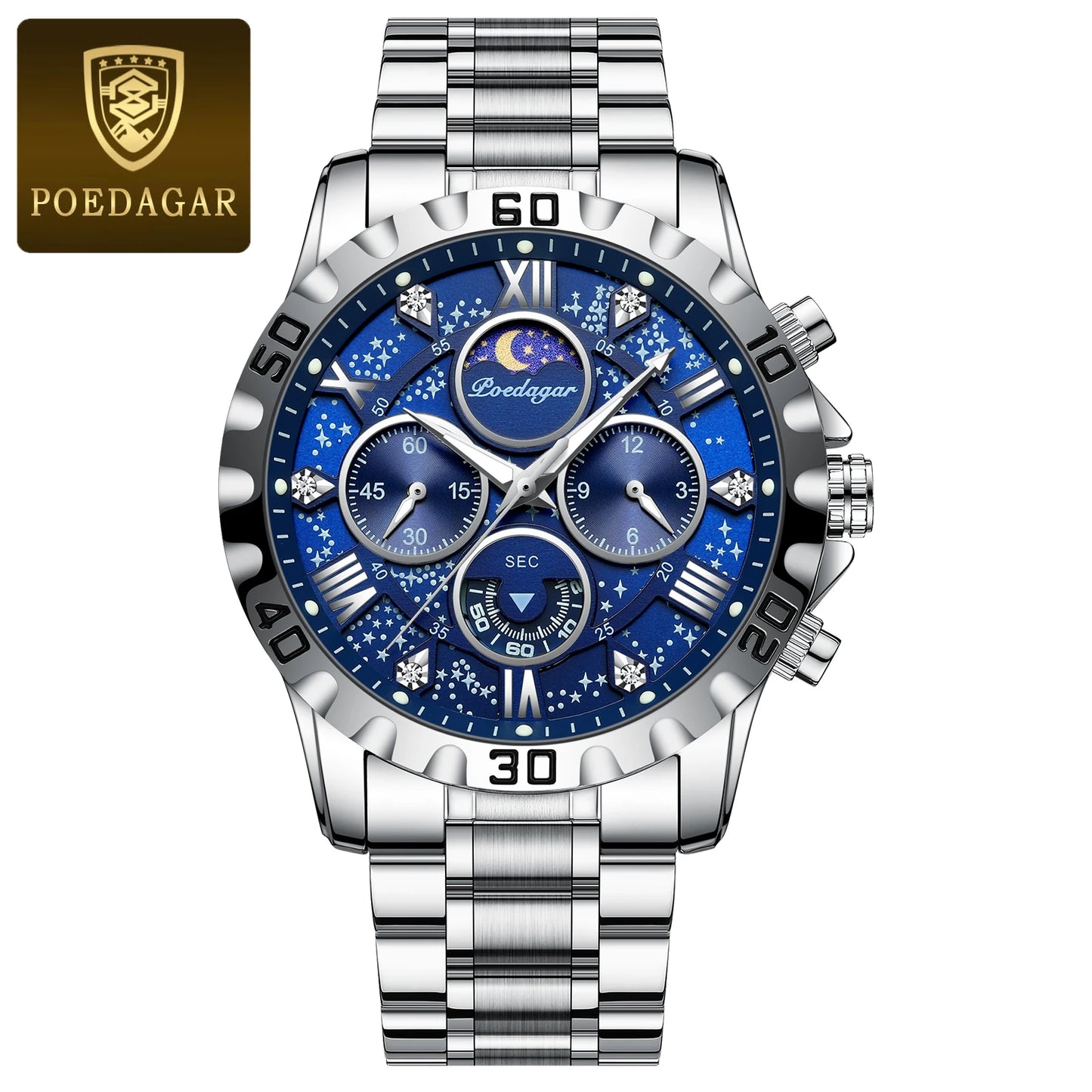 POEDAGAR Trendy Men Watch Chronograph Waterproof Luminous Stainless Steel Man Wristwatch Luxury Business Quartz Watches For Men