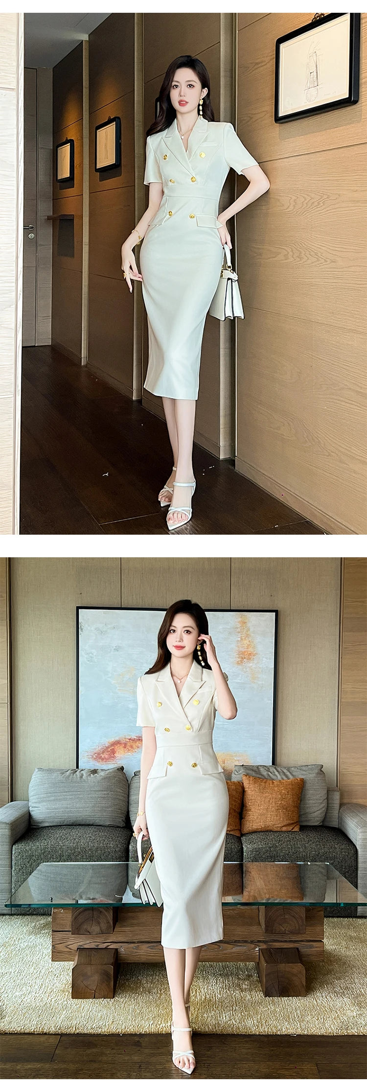 Elegant Office Lady Classic Business Formal Pencil Dress Women Clothes Blazer Commute Short Sleeve High Waist Slim Midi Vestidos