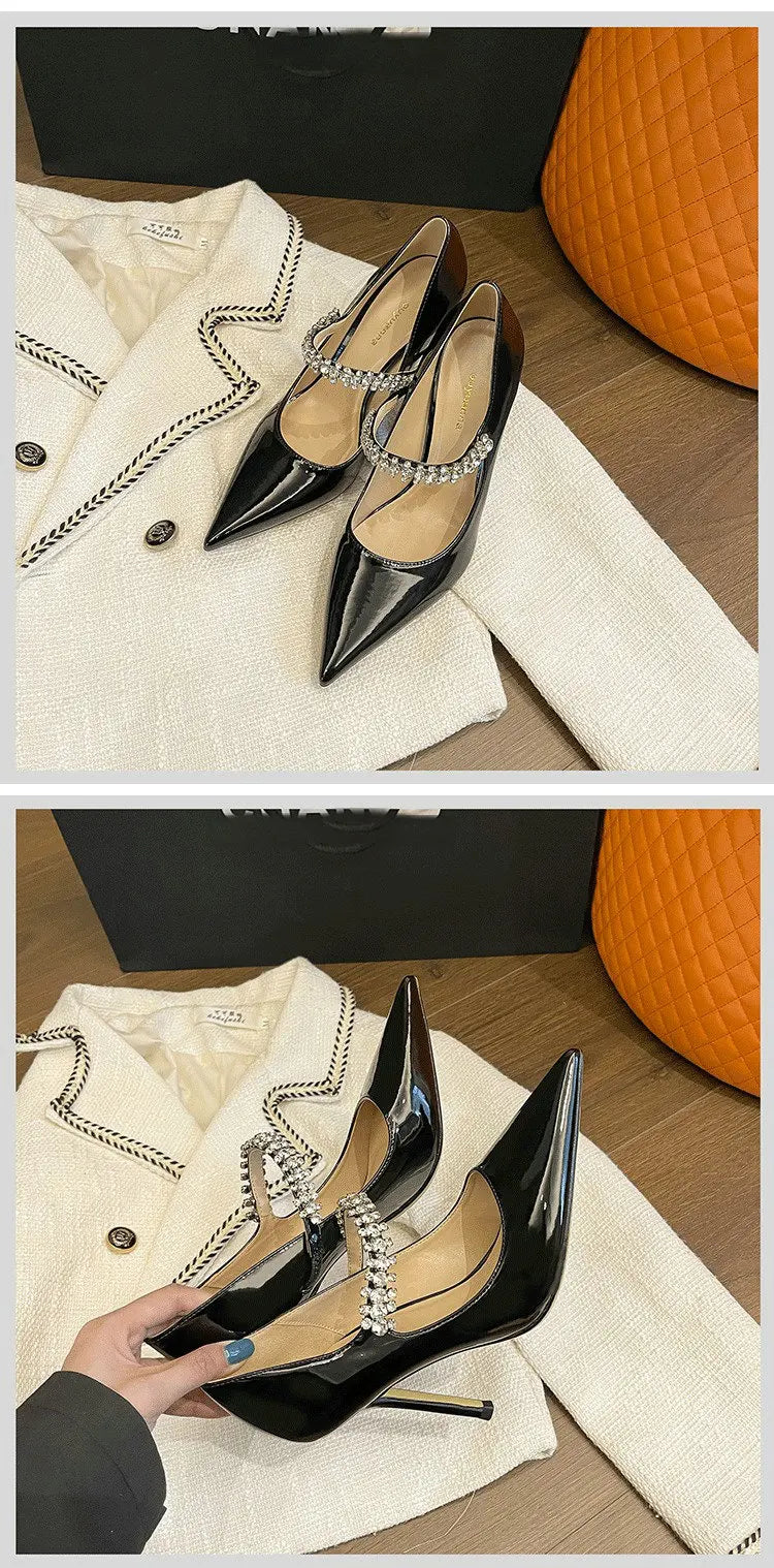 Spring 2025 New French Rhinestone Pointed White High Heels Temperament Patent Leather Shoes Women Wedding Pumps
