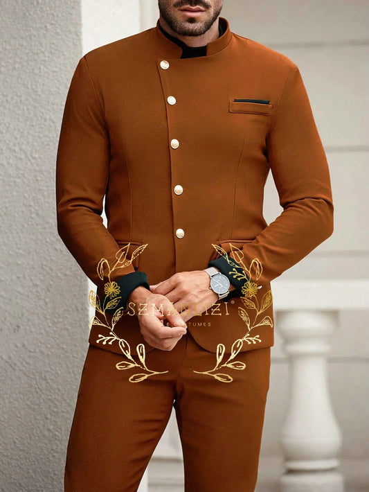 African Design Suit for Mens Double Breasted Blazer Wedding Groom Tuxedo 2 Piece Jacket Pants Groomsman Formal Party Dress