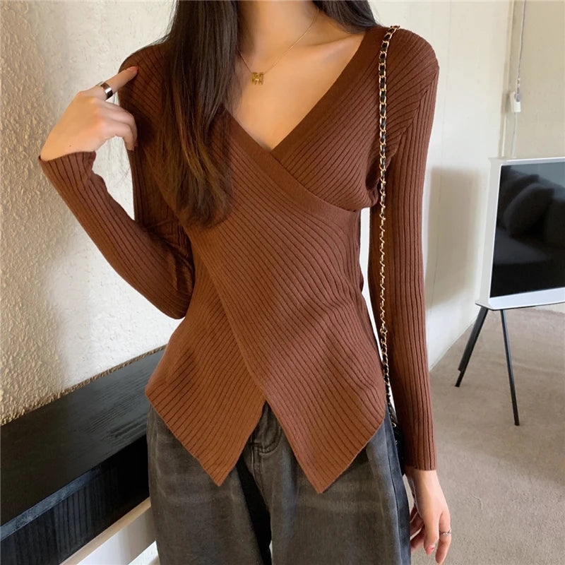Ribbed Knit Surplice Sweater for Women Pullovers Long Sleeve Plain Jumper Teen-girl Fall Winter Balletcore Chic Outfit