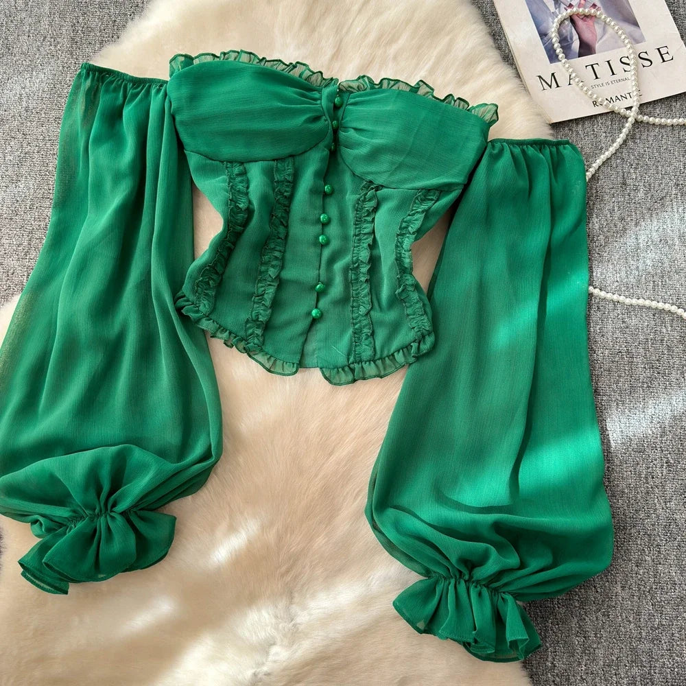 Chiffon Blouse for Women Slash Neck Off Shoulder Solid Color Camisas Ruffles Folds Backless Summer Blusas De Mujer Chic Dropship