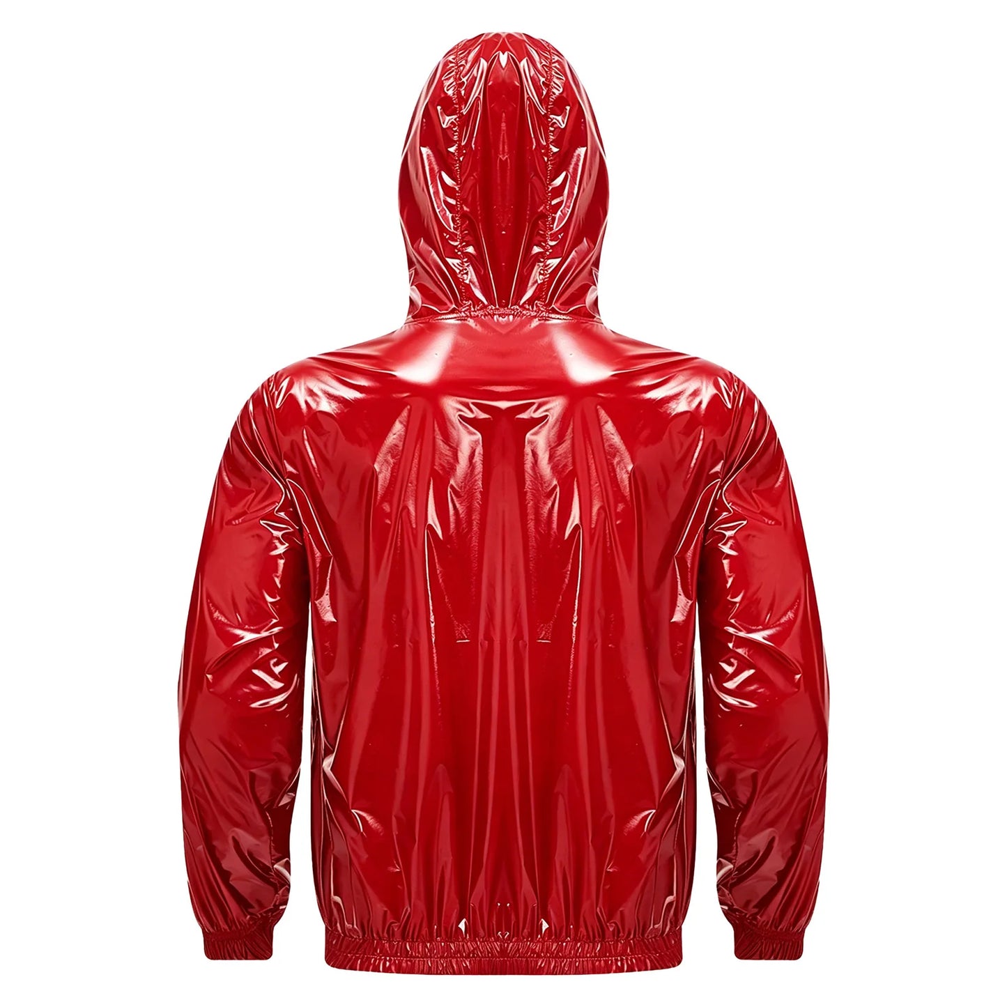 Men Shiny Glossy Hooded Jacket Windbreaker Raincoat for Hiking Fishing Biking Long Sleeve Front Zip-up Drawstring Hood Outerwear