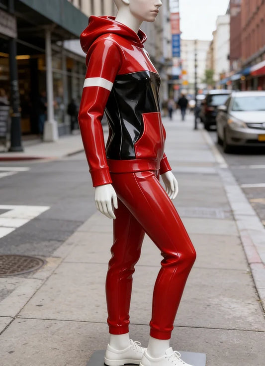 Glossy Latex Catsuit Tracksuit Set – Two-Tone Hoodie & Joggers for Streetwear & Club Night